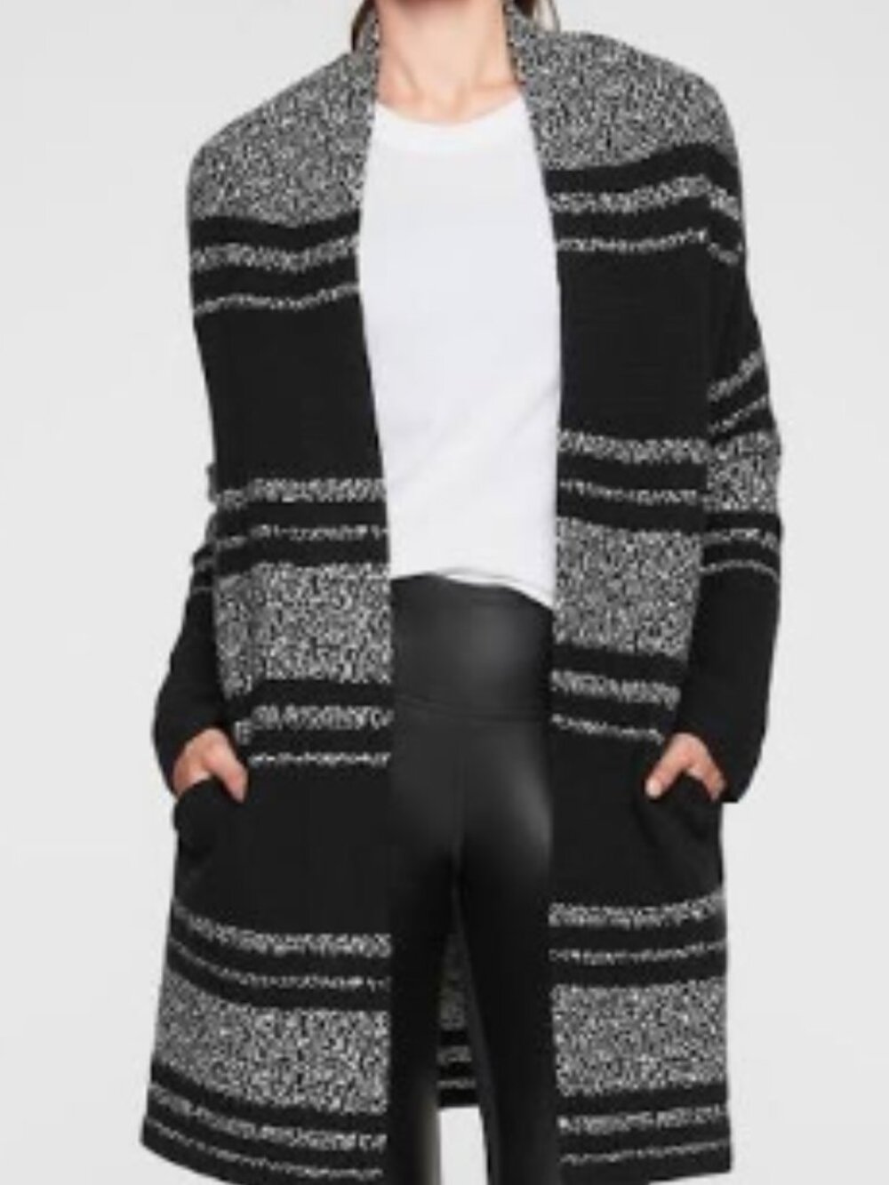 Athleta Wool Cashmere Panorama Point Sweater Cardigan large black marl stripe